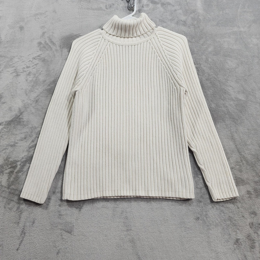 Vintage Eddie Bauer Sweater Womens M Cream Chunky Knit Turtleneck Long Sleeve